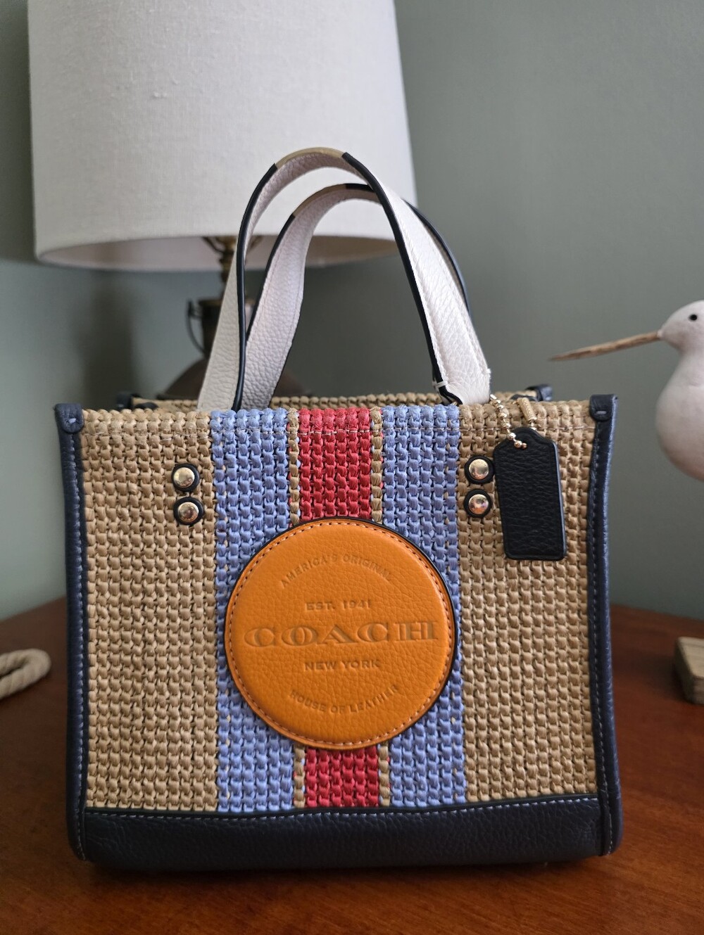 Coach CA291 Dempsey 22 Coach Patch Straw Navy Leather Crossbody Tote - Picture 2 of 16